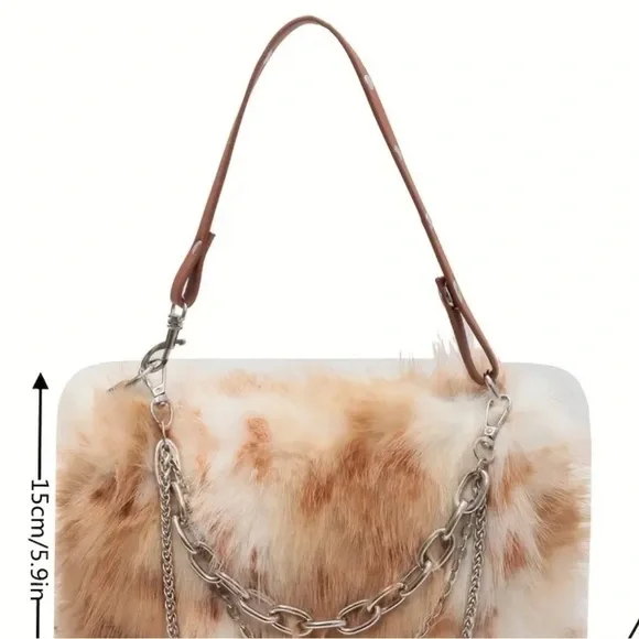 Tan Plush Chain Handbag - Picture 5 of 12